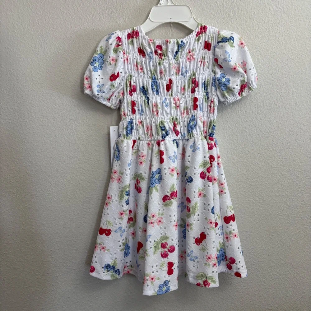 Tahari Girl Kids 6 White Berry Floral Eyelet Smocked Dress NEW Fruit Print